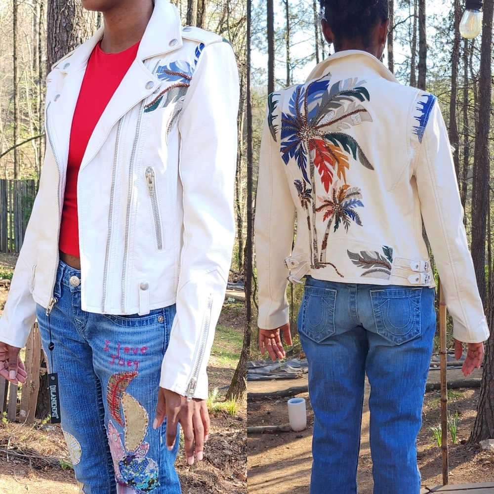 Blank NYC Palm Breeze Moto Jacket Vegan Leather Embroidered Beaded XS NWT - Picture 2 of 15